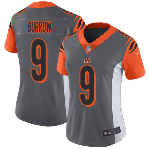 Nike Bengals #9 Joe Burrow Silver Women's Stitched NFL Limited Inverted Legend Jersey