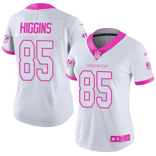 Nike Bengals #85 Tee Higgins White/Pink Women's Stitched NFL Limited Rush Fashion Jersey