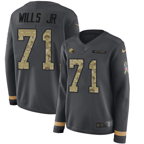 Nike Browns #71 Jedrick Wills JR Anthracite Salute to Service Women's Stitched NFL Limited Therma Long Sleeve Jersey