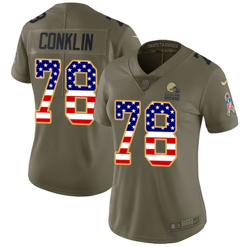 Nike Browns #78 Jack Conklin Olive/USA Flag Women's Stitched NFL Limited 2017 Salute To Service Jersey
