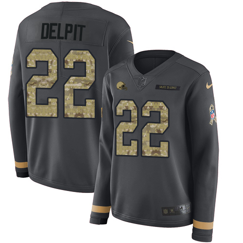 Nike Browns #22 Grant Delpit Anthracite Salute to Service Women's Stitched NFL Limited Therma Long Sleeve Jersey