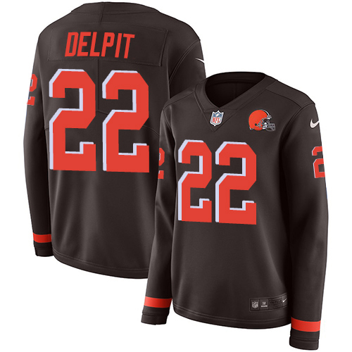 Nike Browns #22 Grant Delpit Brown Team Color Women's Stitched NFL Limited Therma Long Sleeve Jersey