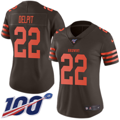 Nike Browns #22 Grant Delpit Brown Women's Stitched NFL Limited Rush 100th Season Jersey