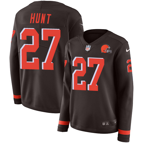 Nike Browns #27 Kareem Hunt Brown Team Color Women's Stitched NFL Limited Therma Long Sleeve Jersey