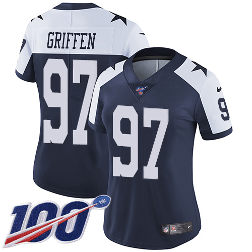 Nike Cowboys #97 Everson Griffen Navy Blue Thanksgiving Women's Stitched NFL 100th Season Vapor Throwback Limited Jersey