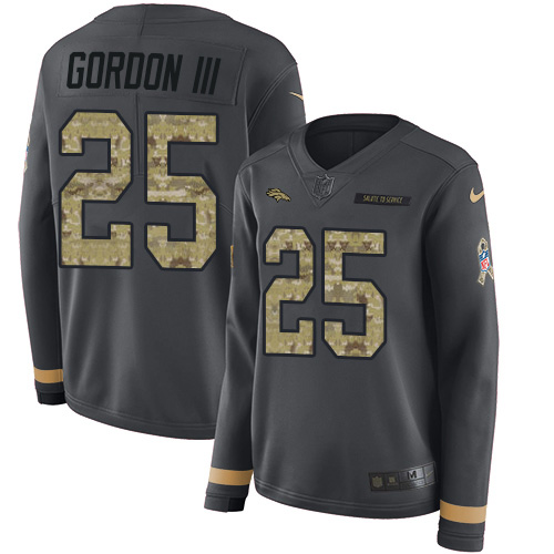 Nike Broncos #25 Melvin Gordon III Anthracite Salute to Service Women's Stitched NFL Limited Therma Long Sleeve Jersey