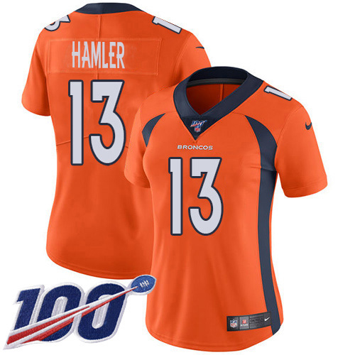 Nike Broncos #13 KJ Hamler Orange Team Color Women's Stitched NFL 100th Season Vapor Untouchable Limited Jersey