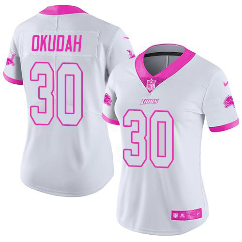 Nike Lions #30 Jeff Okudah White/Pink Women's Stitched NFL Limited Rush Fashion Jersey