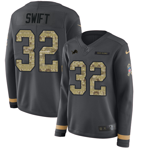 Nike Lions #32 D'Andre Swift Anthracite Salute to Service Women's Stitched NFL Limited Therma Long Sleeve Jersey