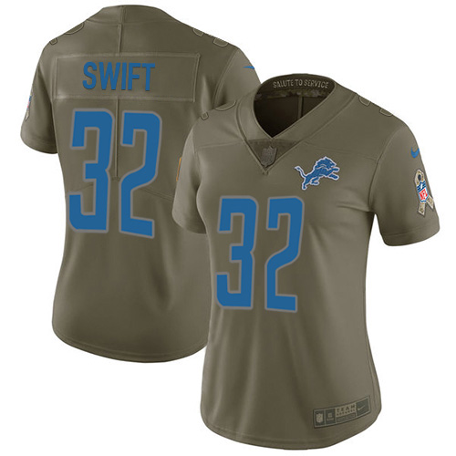 Nike Lions #32 D'Andre Swift Olive Women's Stitched NFL Limited 2017 Salute To Service Jersey
