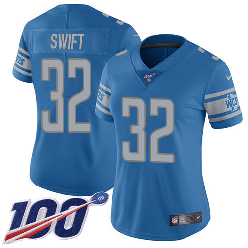 Nike Lions #32 D'Andre Swift Blue Team Color Women's Stitched NFL 100th Season Vapor Untouchable Limited Jersey