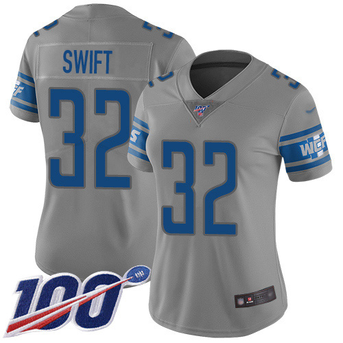 Nike Lions #32 D'Andre Swift Gray Women's Stitched NFL Limited Inverted Legend 100th Season Jersey