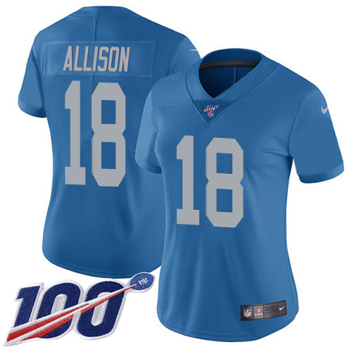 Nike Lions #18 Geronimo Allison Blue Throwback Women's Stitched NFL 100th Season Vapor Untouchable Limited Jersey