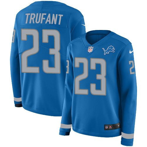 Nike Lions #23 Desmond Trufant Blue Team Color Women's Stitched NFL Limited Therma Long Sleeve Jersey