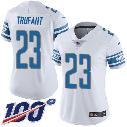 Nike Lions #23 Desmond Trufant White Women's Stitched NFL 100th Season Vapor Untouchable Limited Jersey