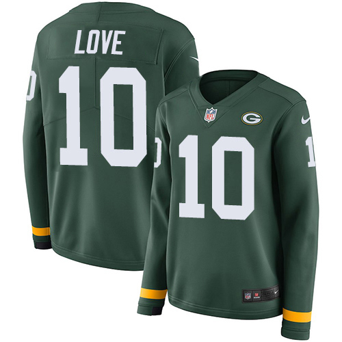 Nike Packers #10 Jordan Love Green Team Color Women's Stitched NFL Limited Therma Long Sleeve Jersey