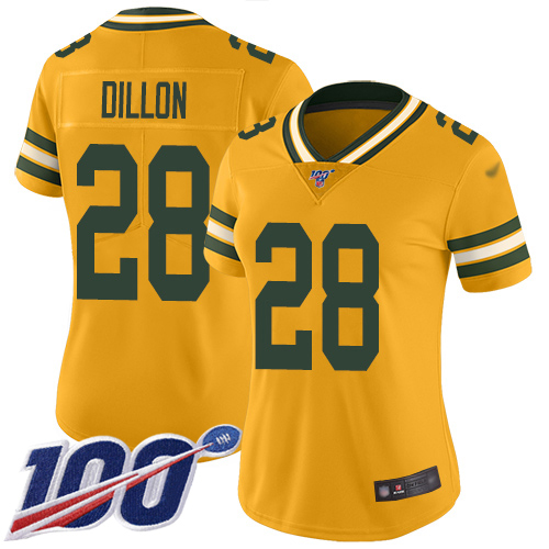 Nike Packers #28 AJ Dillon Gold Women's Stitched NFL Limited Inverted Legend 100th Season Jersey
