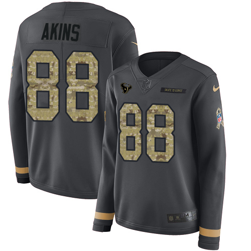 Nike Texans #88 Jordan Akins Anthracite Salute to Service Women's Stitched NFL Limited Therma Long Sleeve Jersey