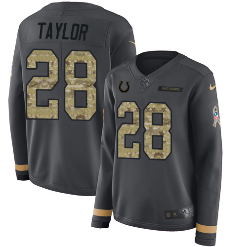 Nike Colts #28 Jonathan Taylor Anthracite Salute to Service Women's Stitched NFL Limited Therma Long Sleeve Jersey