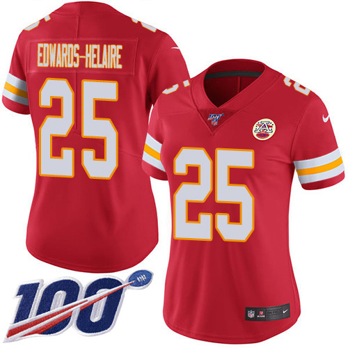 Nike Chiefs #25 Clyde Edwards-Helaire Red Team Color Women's Stitched NFL 100th Season Vapor Untouchable Limited Jersey