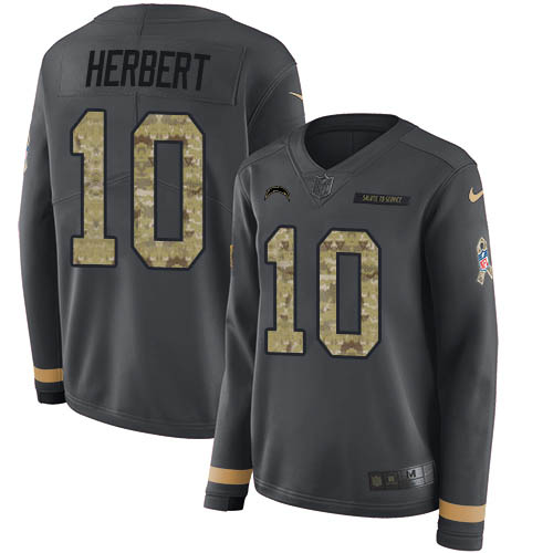 Nike Chargers #10 Justin Herbert Anthracite Salute to Service Women's Stitched NFL Limited Therma Long Sleeve Jersey