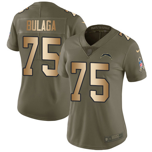 Nike Chargers #75 Bryan Bulaga Olive/Gold Women's Stitched NFL Limited 2017 Salute To Service Jersey