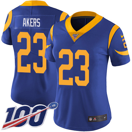 Nike Rams #23 Cam Akers Royal Blue Alternate Women's Stitched NFL 100th Season Vapor Untouchable Limited Jersey