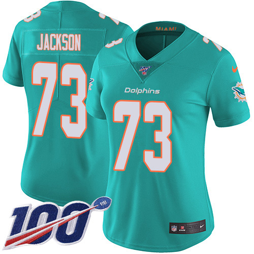 Nike Dolphins #73 Austin Jackson Aqua Green Team Color Women's Stitched NFL 100th Season Vapor Untouchable Limited Jersey