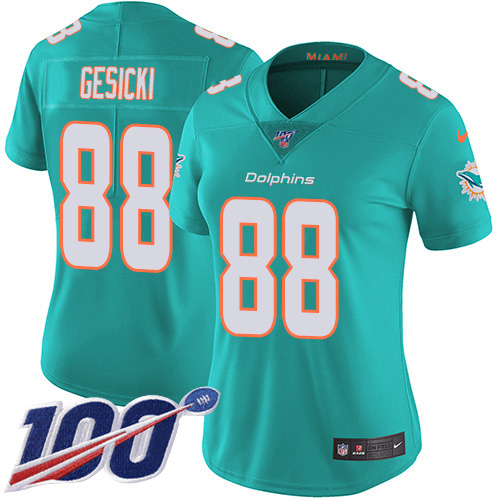 Nike Dolphins #88 Mike Gesicki Aqua Green Team Color Women's Stitched NFL 100th Season Vapor Untouchable Limited Jersey
