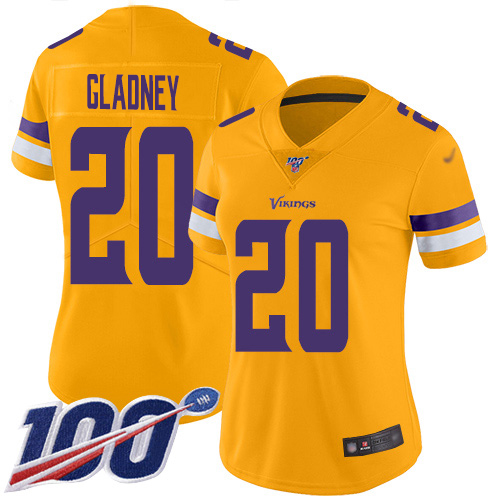 Nike Vikings #20 Jeff Gladney Gold Women's Stitched NFL Limited Inverted Legend 100th Season Jersey