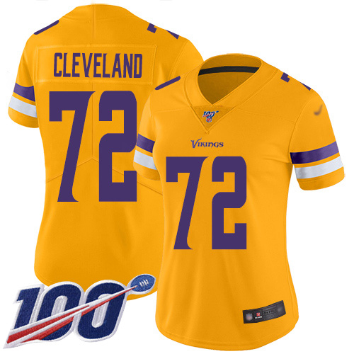 Nike Vikings #72 Ezra Cleveland Gold Women's Stitched NFL Limited Inverted Legend 100th Season Jersey