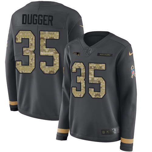 Nike Patriots #35 Kyle Dugger Anthracite Salute to Service Women's Stitched NFL Limited Therma Long Sleeve Jersey