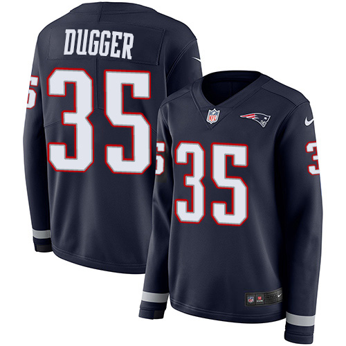 Nike Patriots #35 Kyle Dugger Navy Blue Team Color Women's Stitched NFL Limited Therma Long Sleeve Jersey