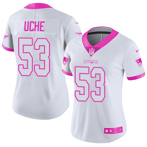 Nike Patriots #53 Josh Uche White/Pink Women's Stitched NFL Limited Rush Fashion Jersey