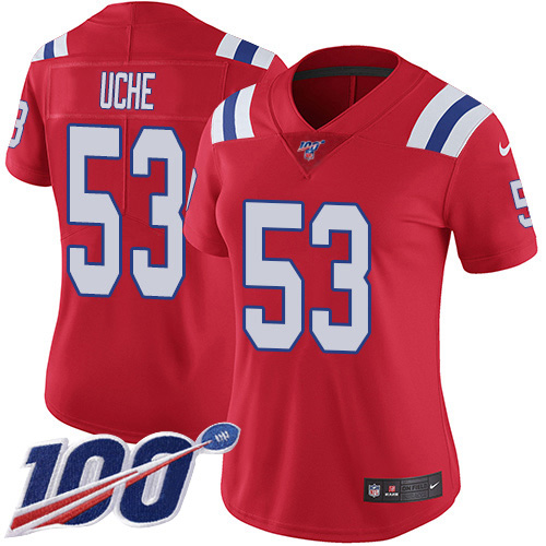 Nike Patriots #53 Josh Uche Red Alternate Women's Stitched NFL 100th Season Vapor Untouchable Limited Jersey