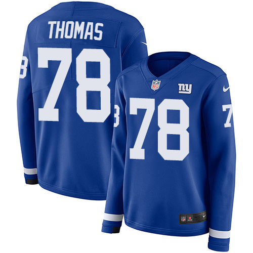Nike Giants #78 Andrew Thomas Royal Blue Team Color Women's Stitched NFL Limited Therma Long Sleeve Jersey
