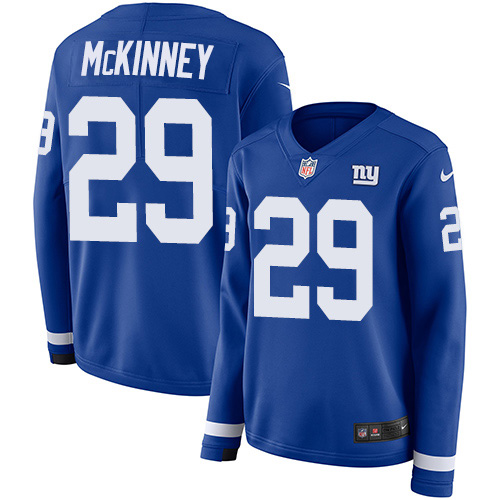 Nike Giants #29 Xavier McKinney Royal Blue Team Color Women's Stitched NFL Limited Therma Long Sleeve Jersey