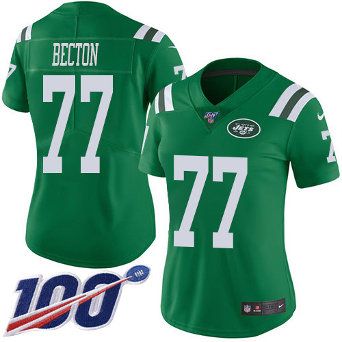 Nike Jets #77 Mekhi Becton Green Women's Stitched NFL Limited Rush 100th Season Jersey