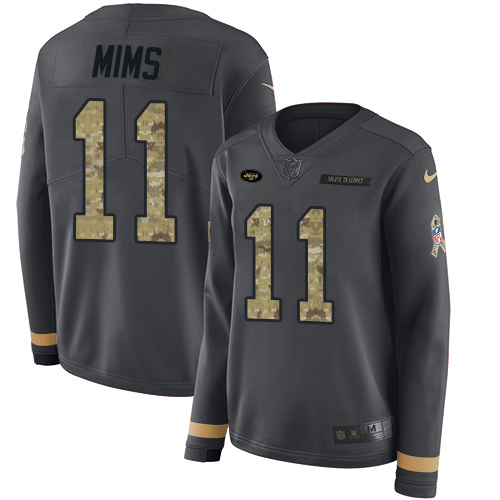Nike Jets #11 Denzel Mim Anthracite Salute to Service Women's Stitched NFL Limited Therma Long Sleeve Jersey