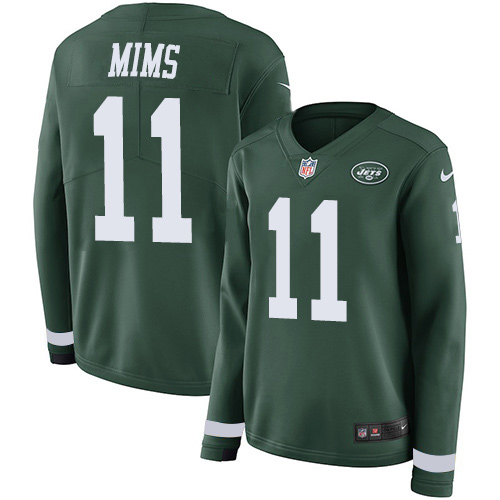 Nike Jets #11 Denzel Mim Green Team Color Women's Stitched NFL Limited Therma Long Sleeve Jersey