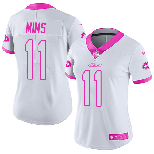 Nike Jets #11 Denzel Mim White/Pink Women's Stitched NFL Limited Rush Fashion Jersey