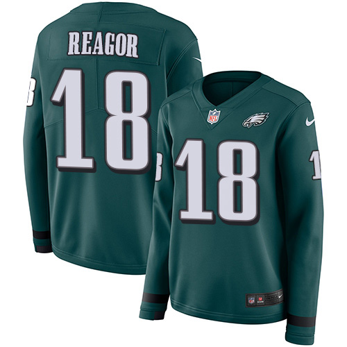 Nike Eagles #18 Jalen Reagor Green Team Color Women's Stitched NFL Limited Therma Long Sleeve Jersey