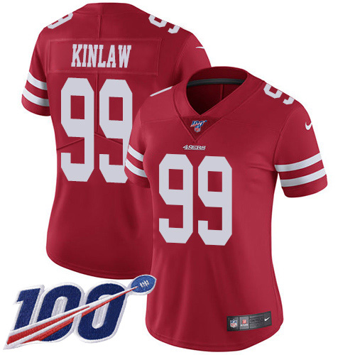 Nike 49ers #99 Javon Kinlaw Red Team Color Women's Stitched NFL 100th Season Vapor Untouchable Limited Jersey