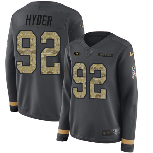 Nike 49ers #92 Kerry Hyder Anthracite Salute to Service Women's Stitched NFL Limited Therma Long Sleeve Jersey