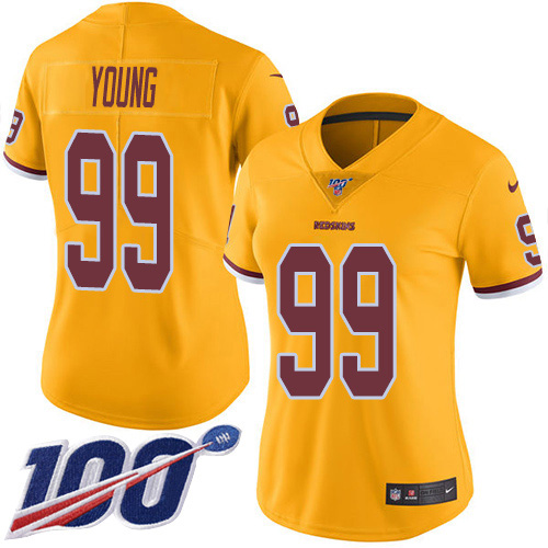 Nike Redskins #99 Chase Young Gold Women's Stitched NFL Limited Rush 100th Season Jersey