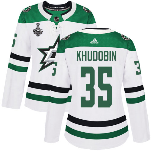 Adidas Stars #35 Anton Khudobin White Road Authentic Women's 2020 Stanley Cup Final Stitched NHL Jersey