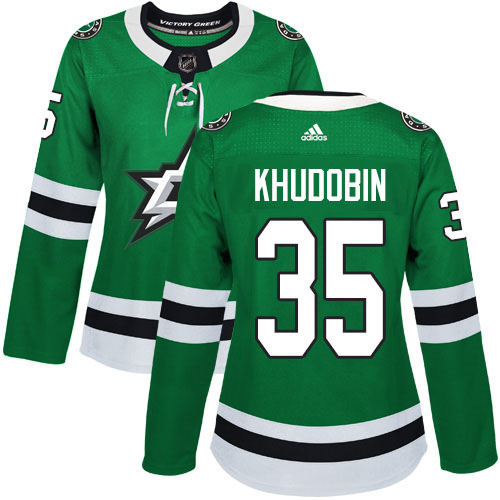 Adidas Stars #35 Anton Khudobin Green Home Authentic Women's Stitched NHL Jersey