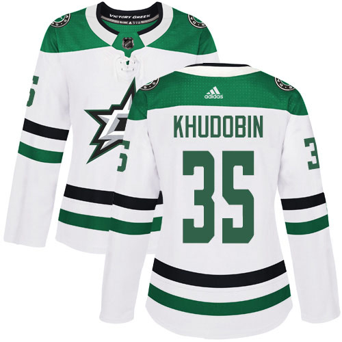 Adidas Stars #35 Anton Khudobin White Road Authentic Women's Stitched NHL Jersey