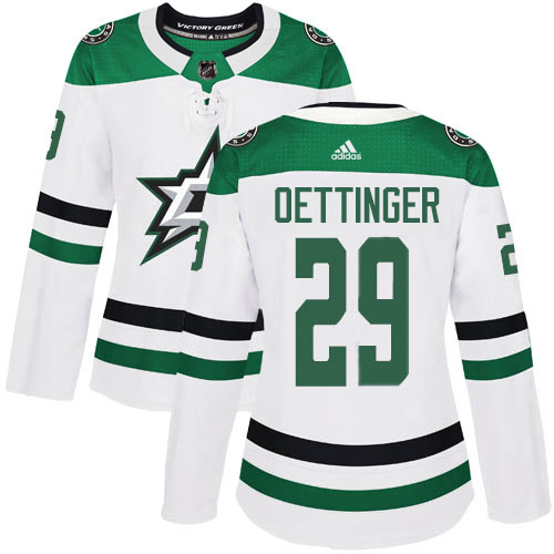 Adidas Stars #29 Jake Oettinger White Road Authentic Women's Stitched NHL Jersey
