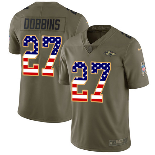 Nike Ravens #27 J.K. Dobbins Olive/USA Flag Youth Stitched NFL Limited 2017 Salute To Service Jersey